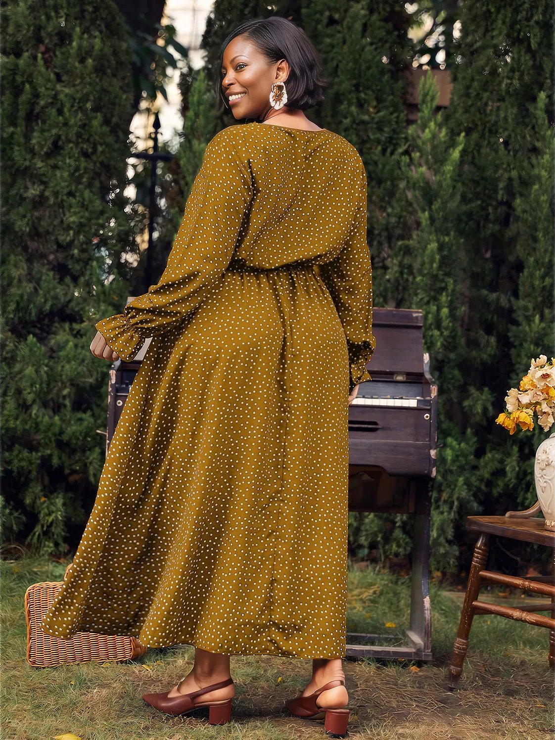 Plus Size Ruffled Polka Dot Long Sleeve Midi Dress - Three Color Choices