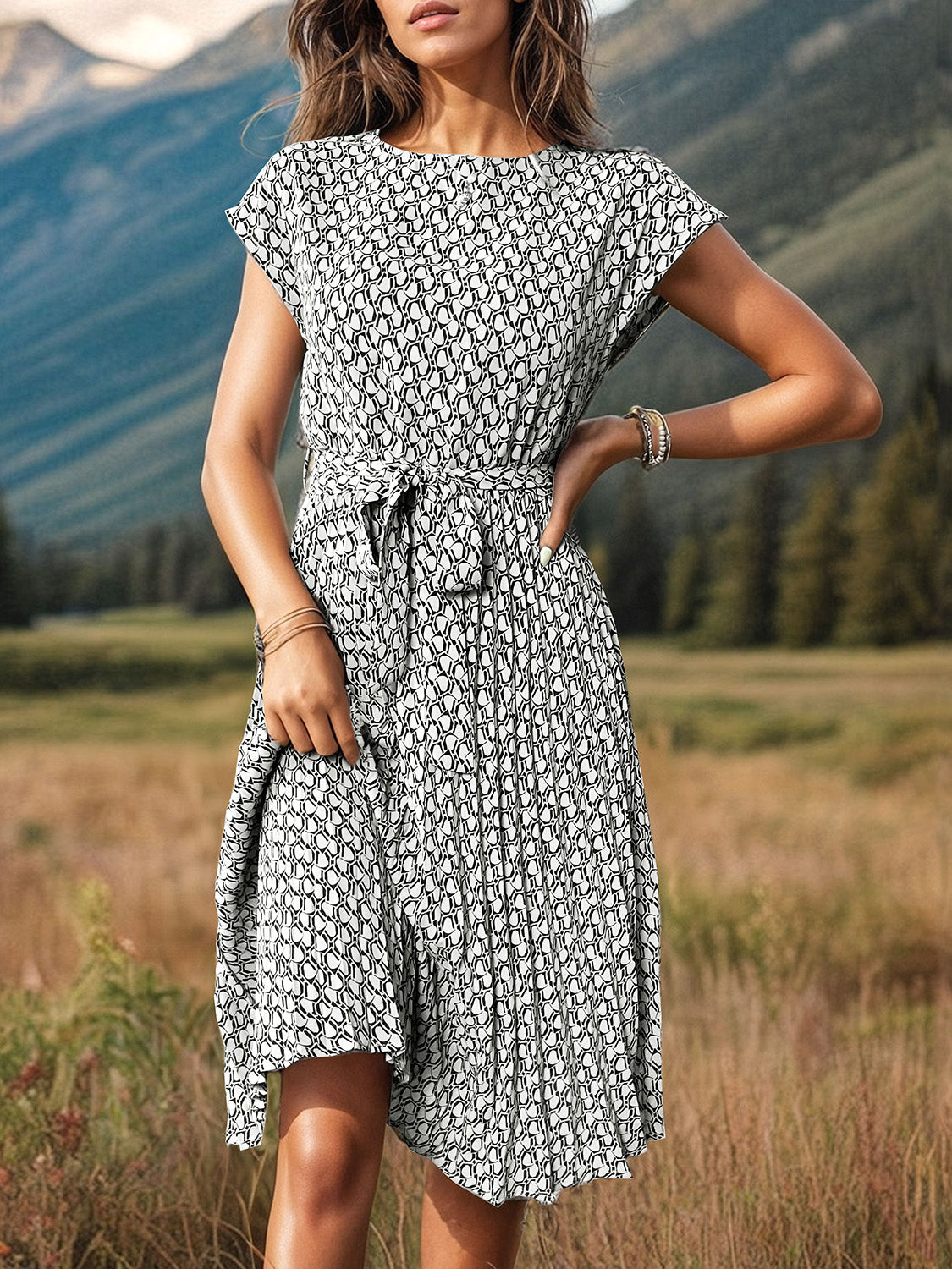 Printed Cap Sleeve Tie Waist Dress - Three Color Choices