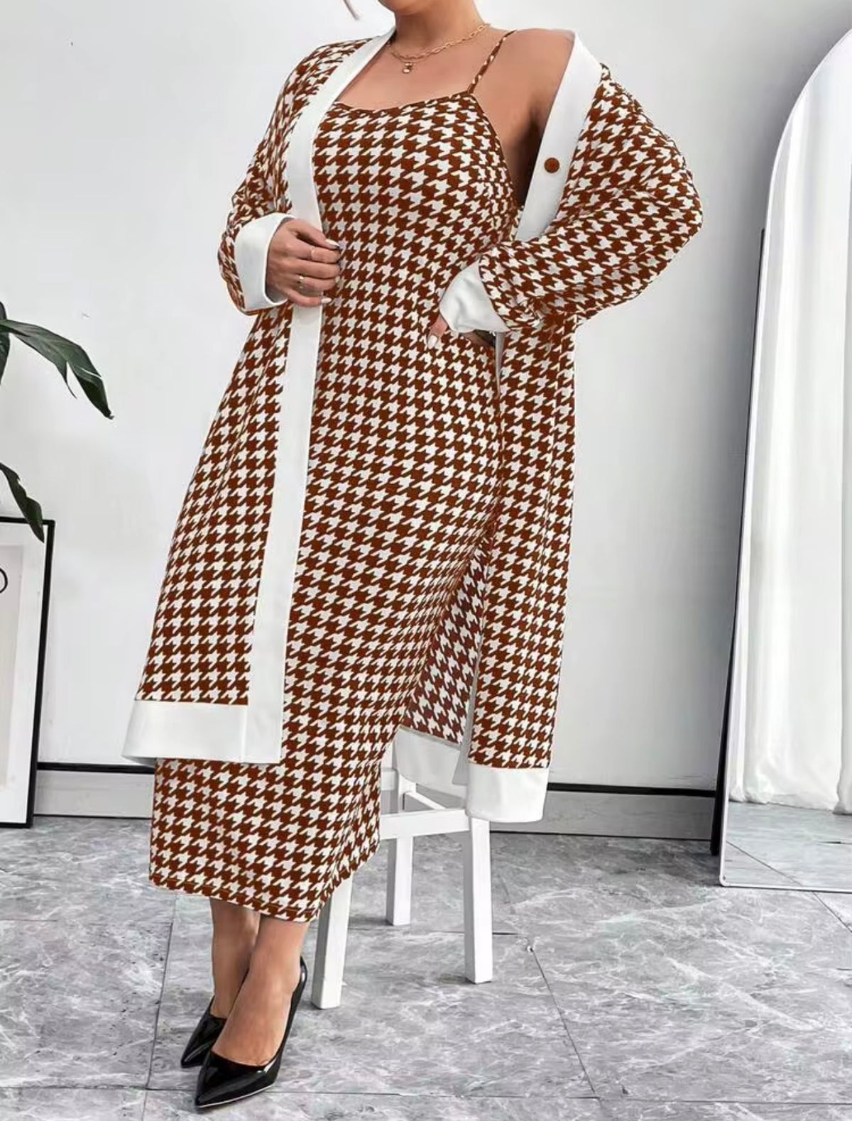 Classic Houndstooth Knit Cardigan & Dress Set - Brown/White, 3X (US 18)