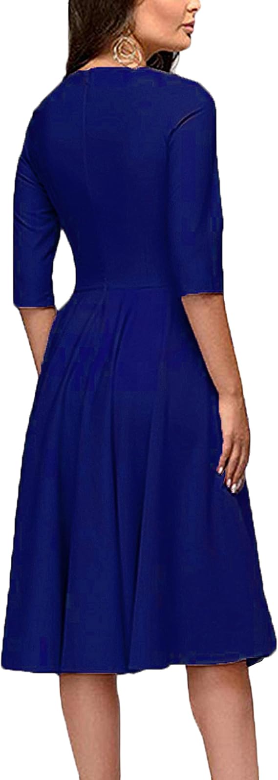 Audrey Hepburn Style Ruched 3/4 Sleeve Midi A-line Dress, Blue