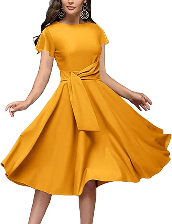 Audrey Hepburn Style Ruched 3/4 Sleeve Midi A-line Dress, Gold
