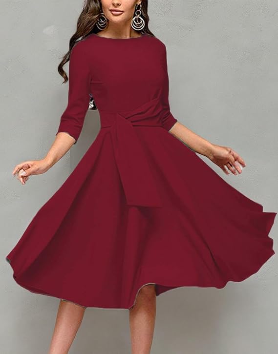 Audrey Hepburn Style Ruched 3/4 Sleeve Midi A-line Dress, Red
