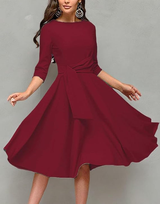 Audrey Hepburn Style Ruched 3/4 Sleeve Midi A-line Dress, Red