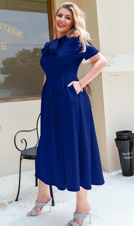 Memoriesea Women's Elegant Casual Short Sleeve Work Party A-Line Dress with Pockets, Royal Blue (Large US 12/14)
