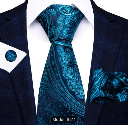Men’s Silk Coordinated Tie Set - Sea Blue Paisley