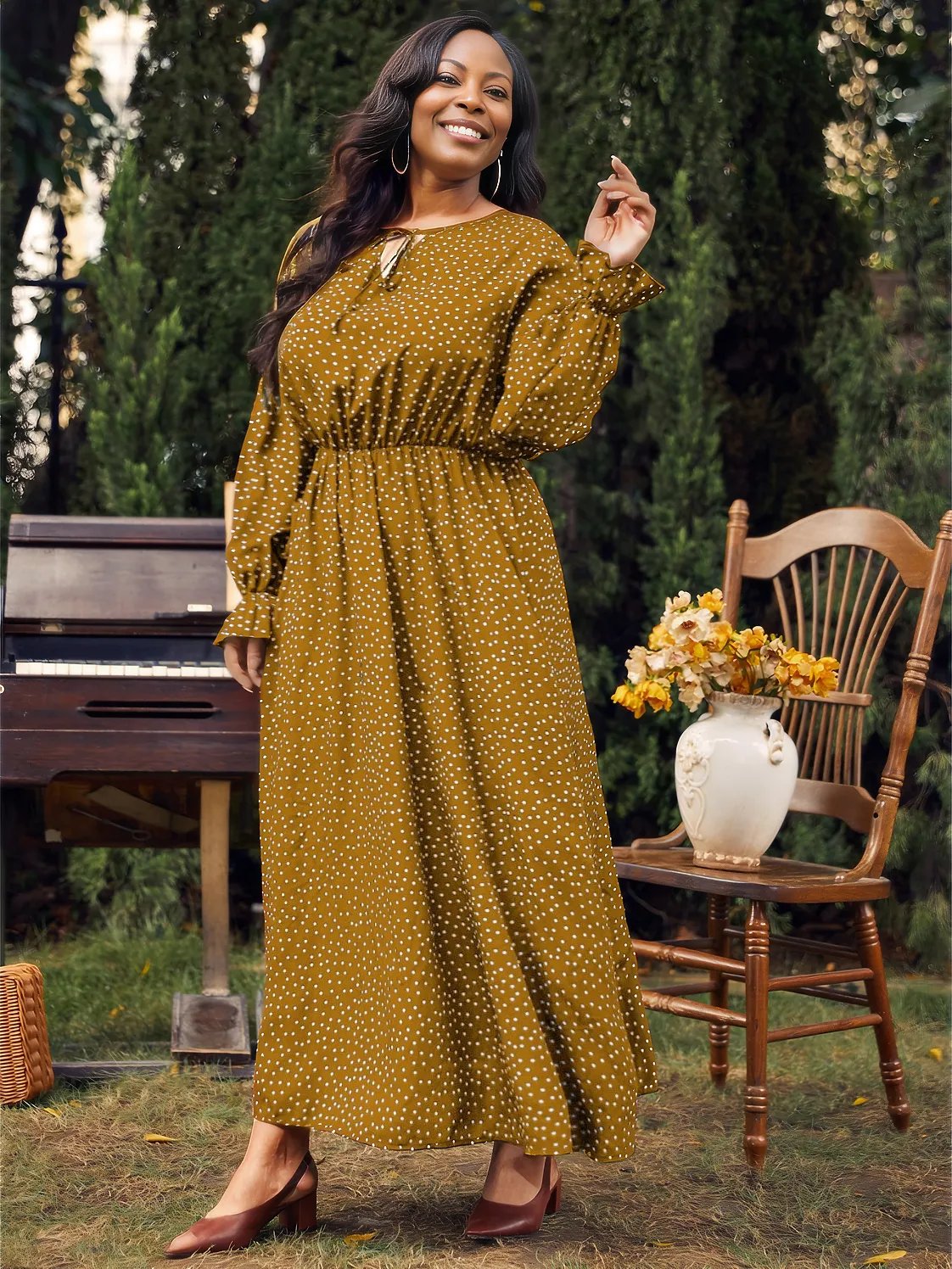 Plus Size Ruffled Polka Dot Long Sleeve Midi Dress - Three Color Choices