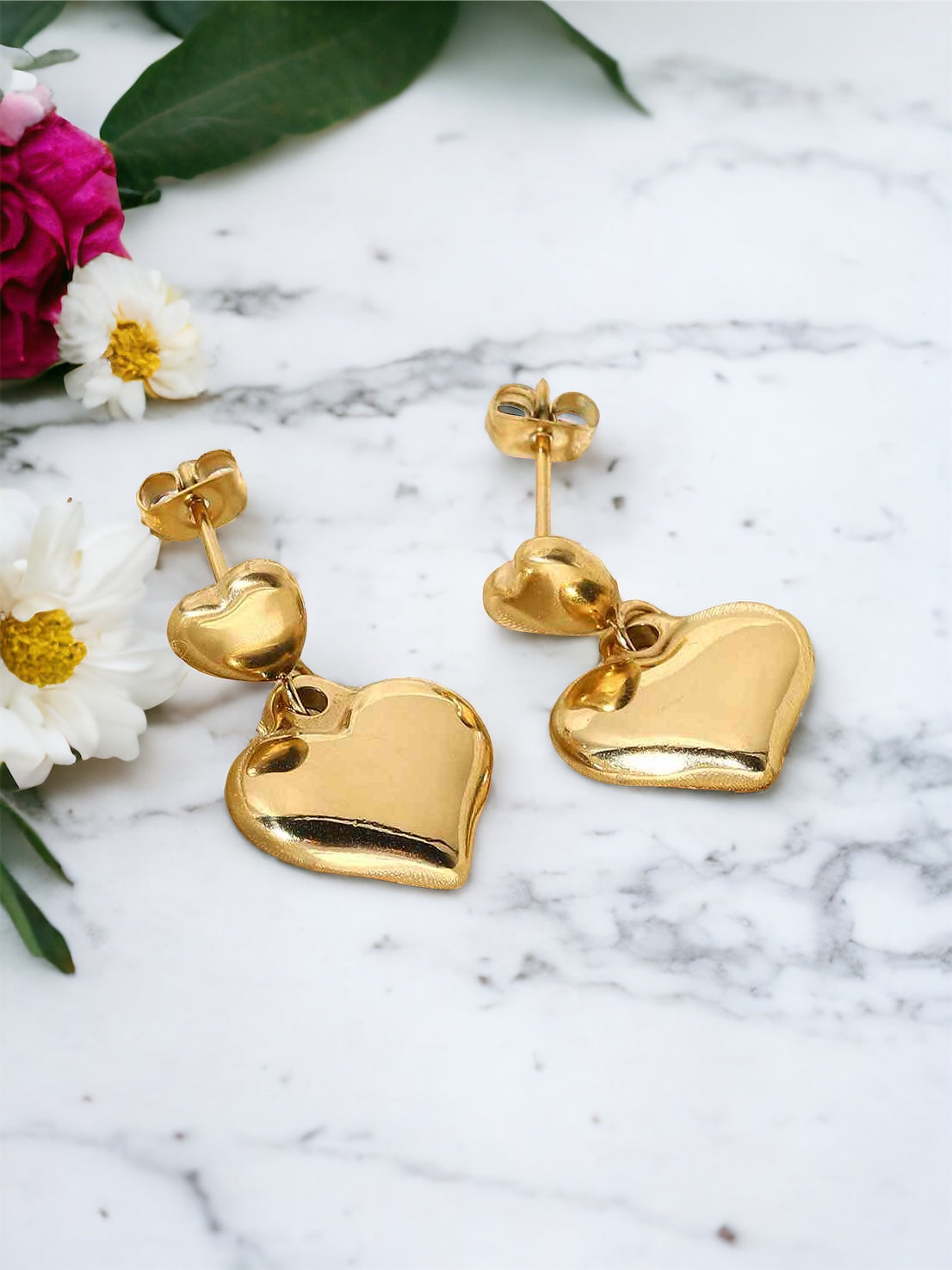 14K Gold Plated Double Heart Stud Earrings