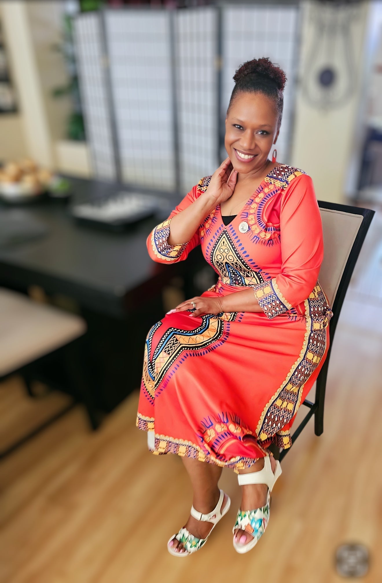 Elegant African Print Maxi Dress – Sizes S to 3XL (Orange)