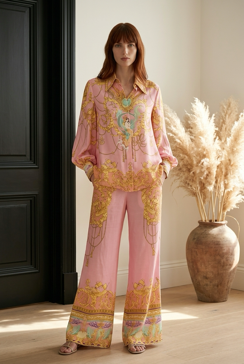 Printed Lantern Sleeve Top and Pants Set