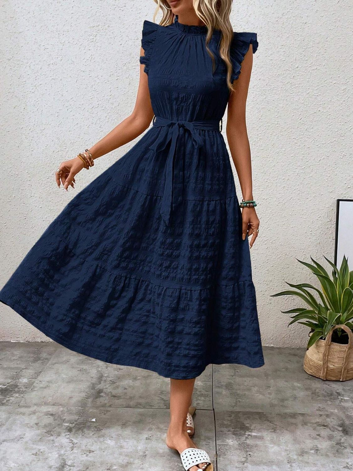 Tied Ruffled Cap Sleeve Midi Dress - 7 color choices