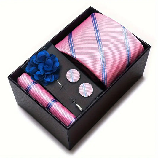 Men’s Silk Coordinated Tie Set w/Box - Pink w/Blue Stripes (FB226)