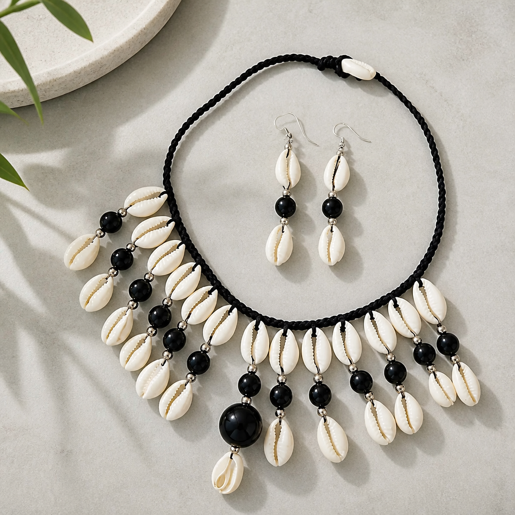 Cowrie Shell Necklace/ Earring Set (black & white)