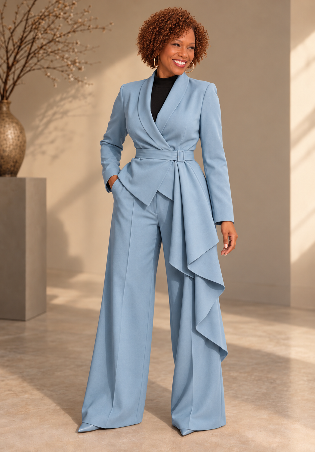 Full Size Belted Blazer and Wide-Leg Pants Set Plus Size