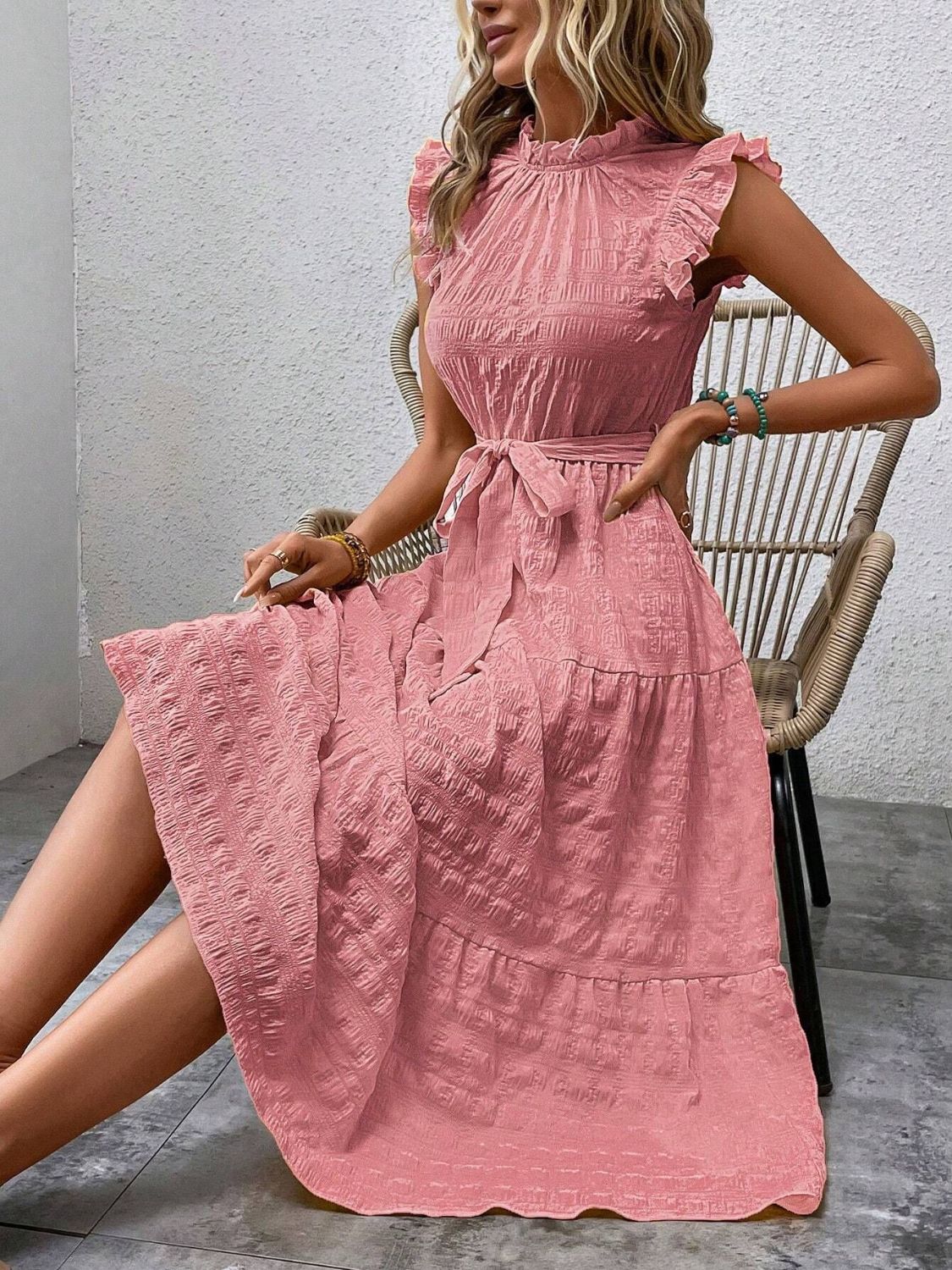 Tied Ruffled Cap Sleeve Midi Dress - 7 color choices