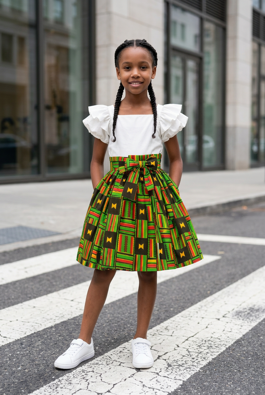 Little Girls Skirt & Head Bow Set-Kids Geen Kente K05 (Child Size 5-8)