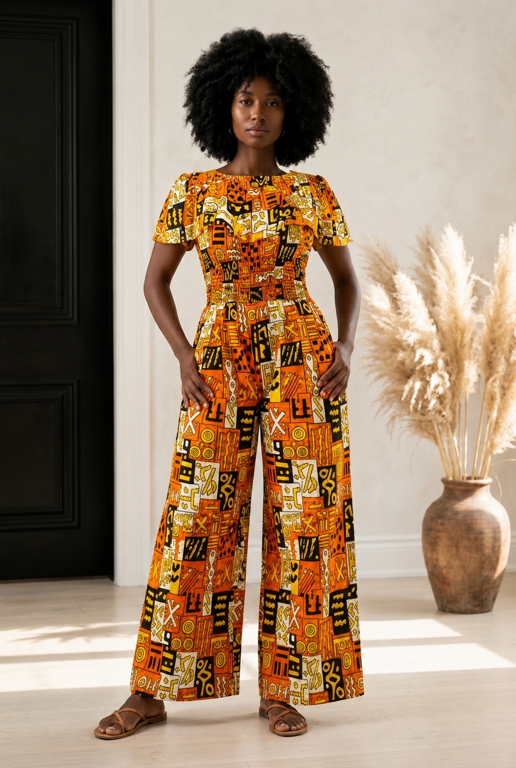 African Print Ruffled Neckline Jumpsuit / Romper (Brown) with Head Wrap