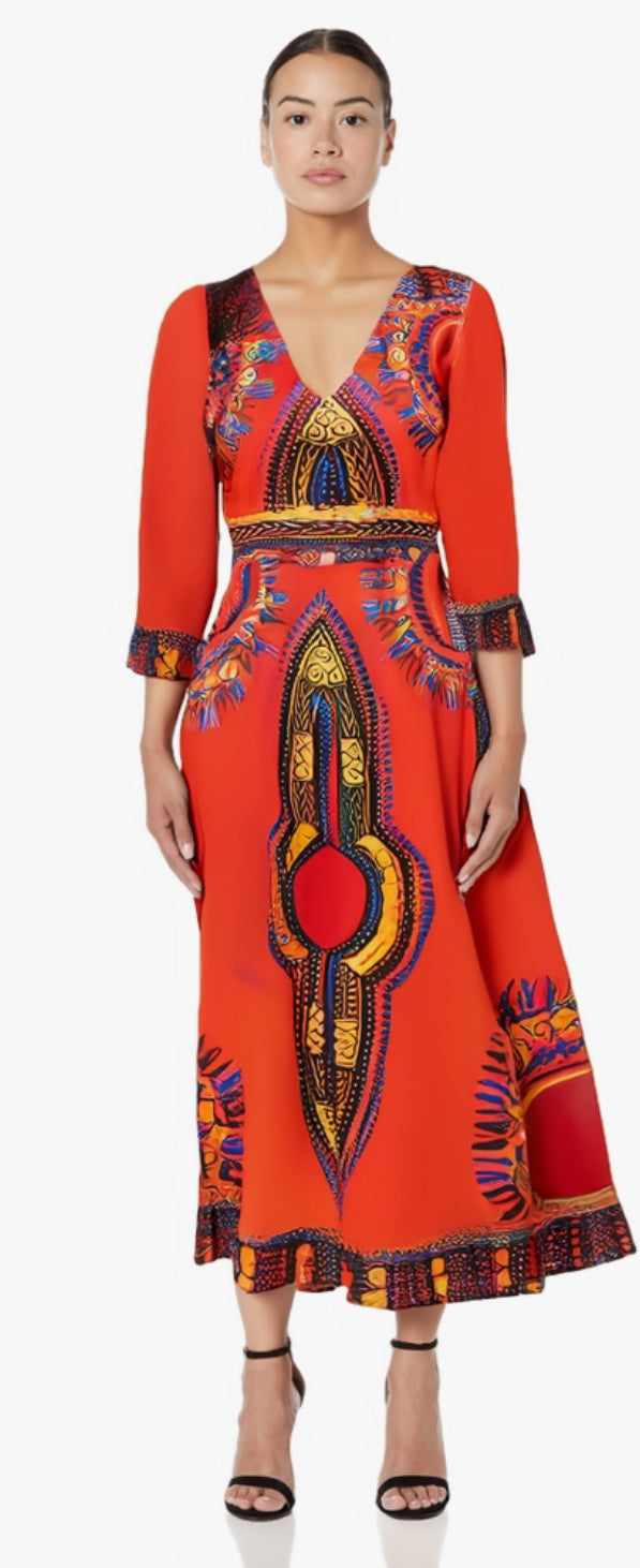 Elegant African Print Maxi Dress – Sizes S to 3XL (Orange)