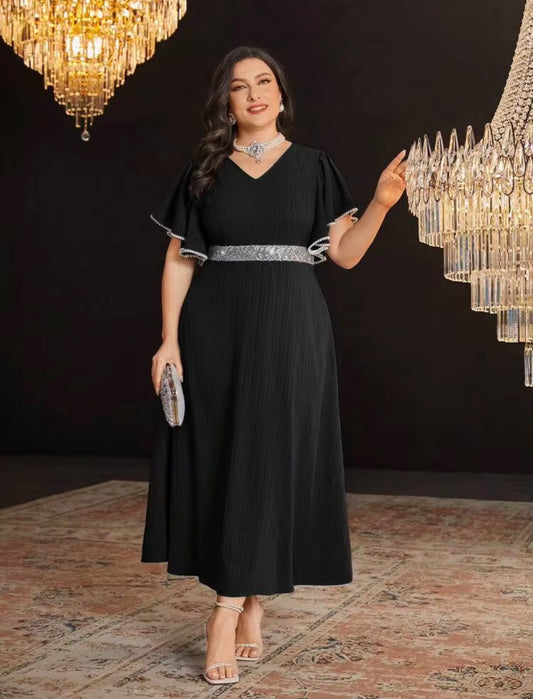 Elegant Black V-Neck Maxi Dress with Silver Accents, Size 2X (US 16)