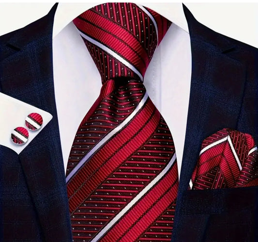 Men’s Silk Coordinated Tie Set - Red with White Red Stripes and Polka Dots