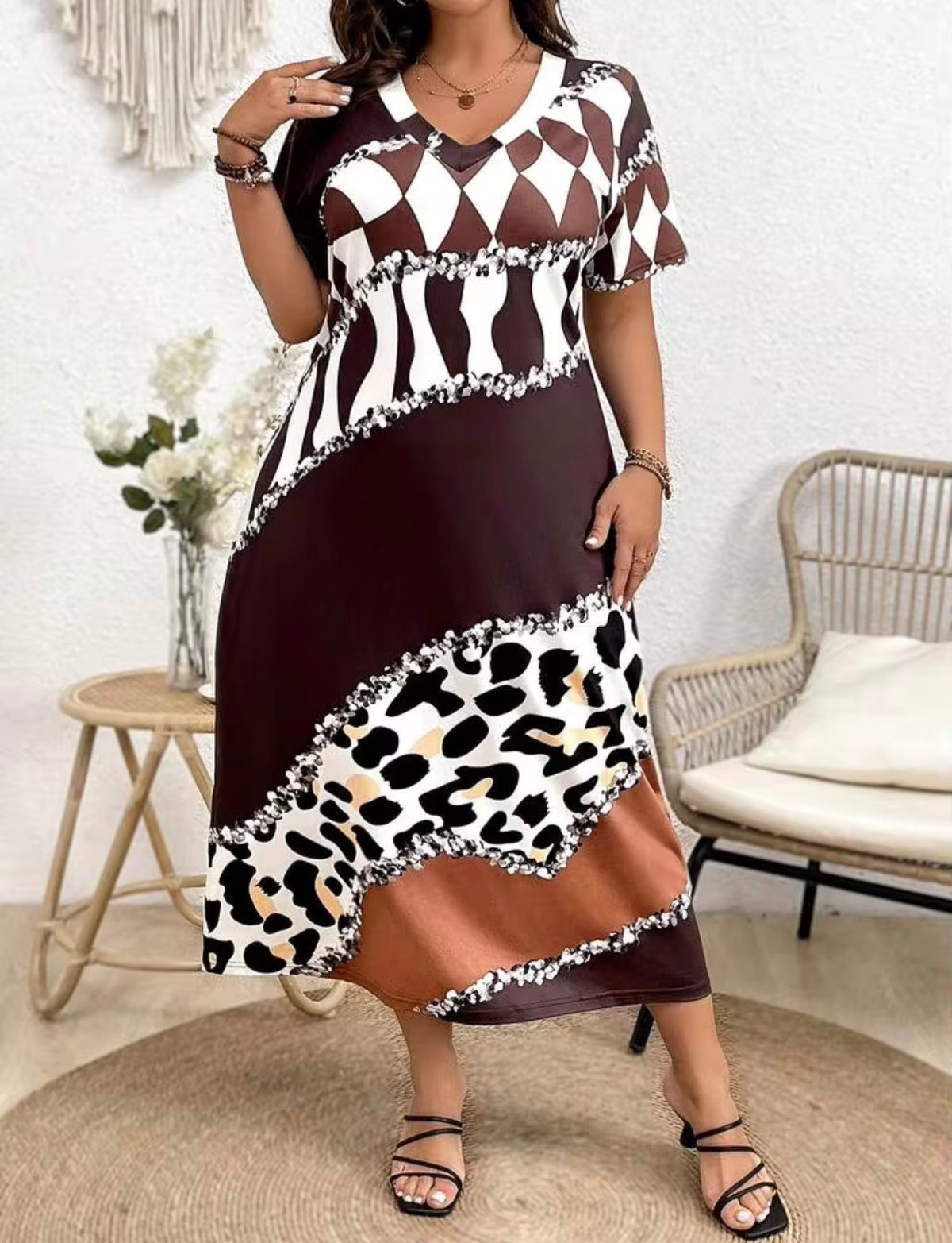 Calvaya Women's Plus Size Color Block Printed Patchwork Dress, 2X (US 16)