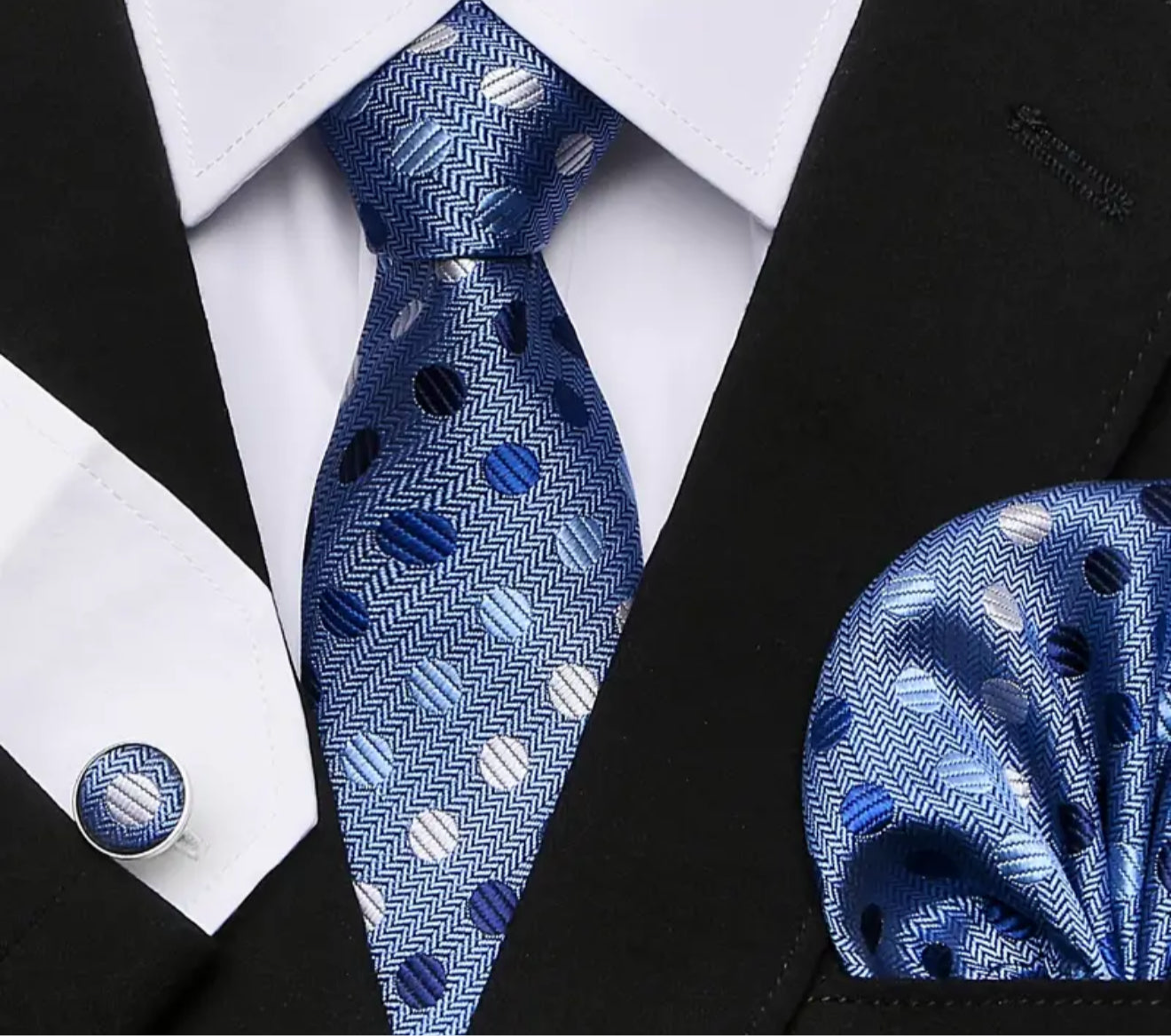 Men’s Silk Coordinated Tie Set - Silvery Blue with Blue and Pink Polka Dots