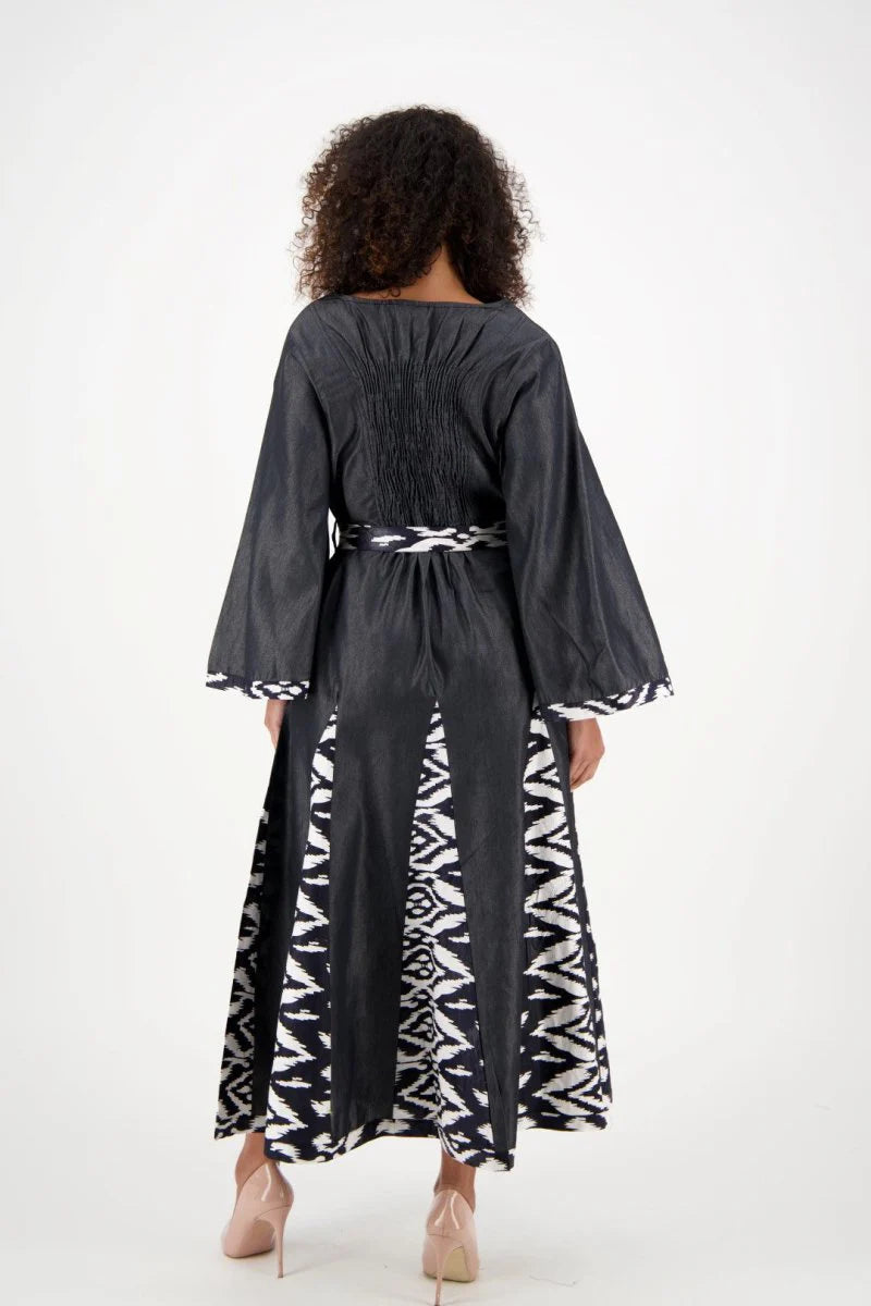 Black and White Long Sleeve Maxi Dress w/ Matching Ankara Print Belt
