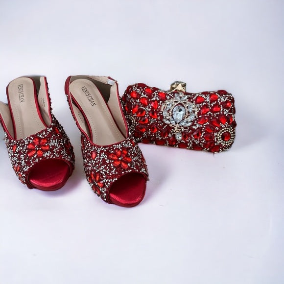 Nigerian Luxury Fashion Ladies High Heel Slippers and Bags Set with Rhinestones, Red US Size 8.5