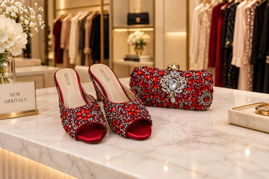 HUGE DISCOUNT! Nigerian Luxury Fashion Ladies High Heel Slippers and Bags Set with Rhinestones, Red US Size 8.5