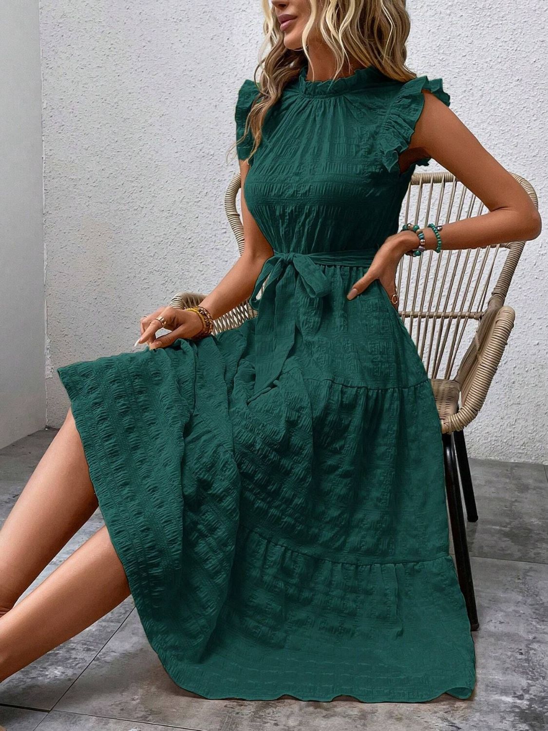 Tied Ruffled Cap Sleeve Midi Dress - 7 color choices