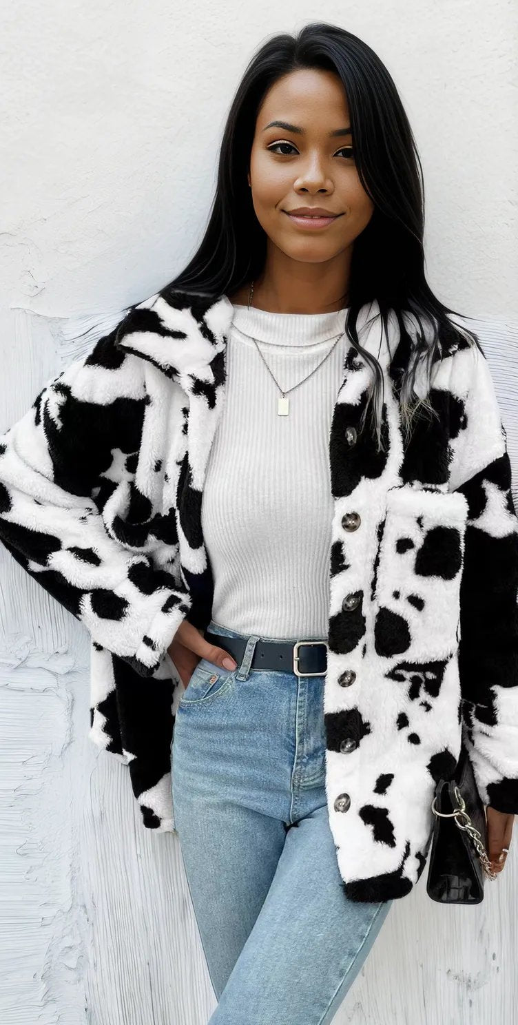 Cow Print Collared Neck Button Up Fuzzy Jacket