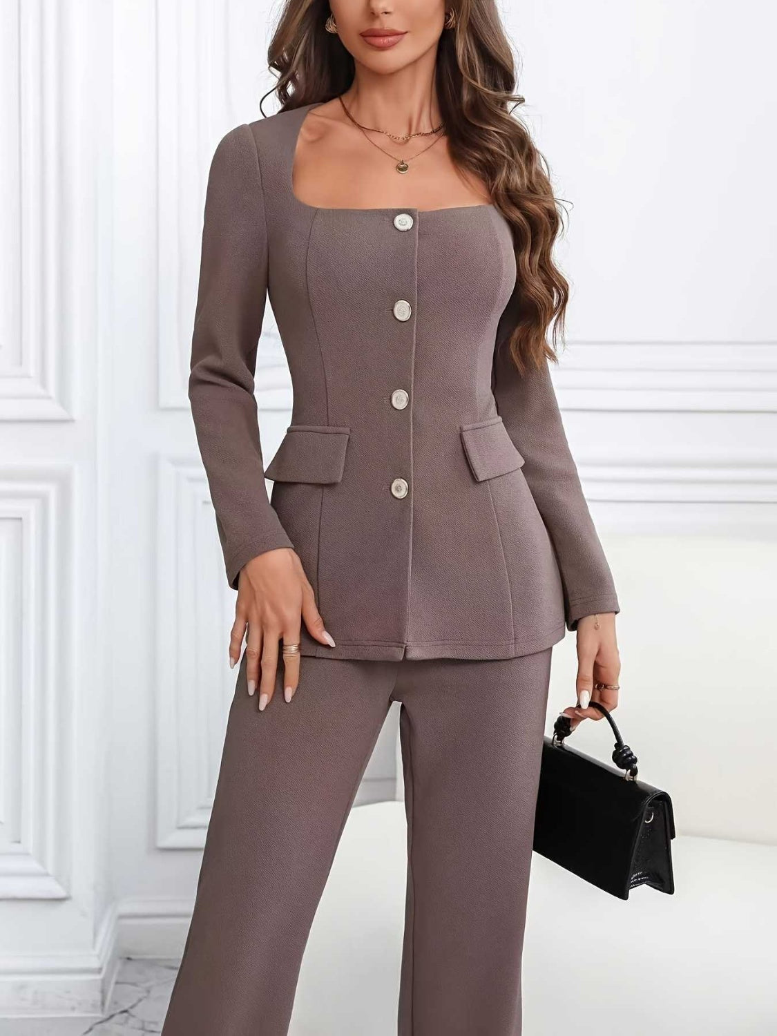 Square Neck Button Up Blazer and Pants Set, U.S. Sizes 4 - 14