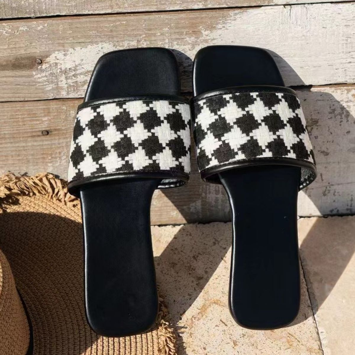 Plaid Open Toe Flat Sandals, three colors