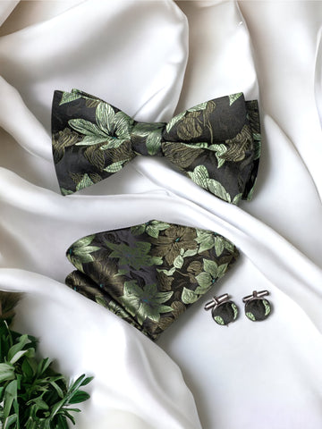 Men’s Silk Coordinated Black Bow Tie Set - Green Floral 2524