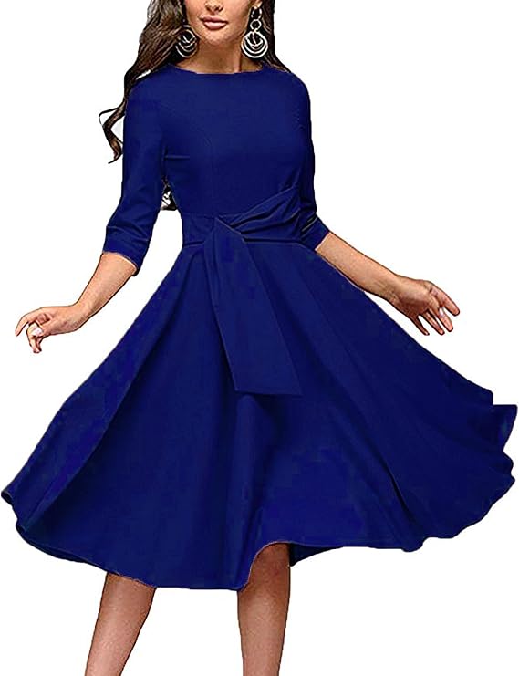 Audrey Hepburn Style Ruched 3/4 Sleeve Midi A-line Dress, Blue