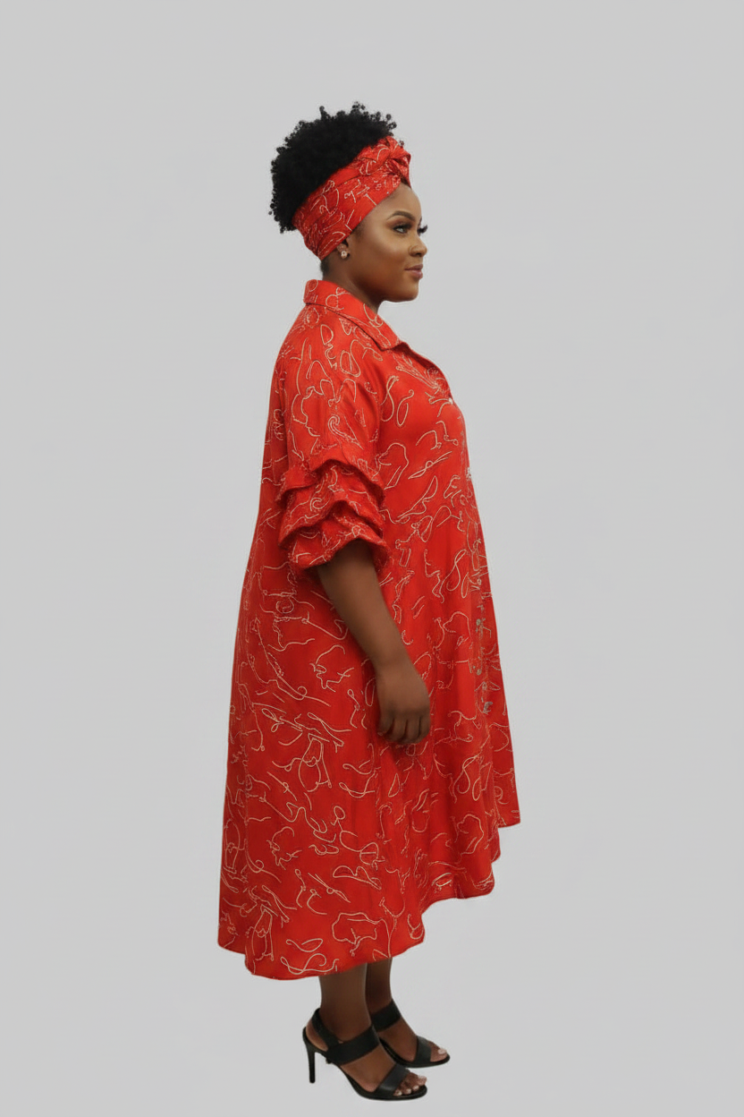 Swing Dress/ Faux Silk Red & White 758