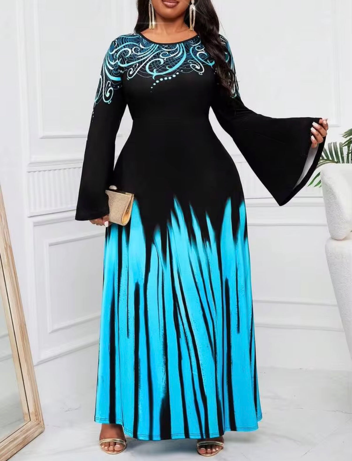 SHEIN Black & Blue Swirl-Accent Bell Sleeve Maxi Dress