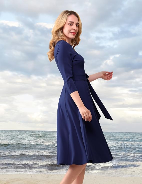 Vintage Inspired A-Line Tea Dress, Navy Blue 2XL