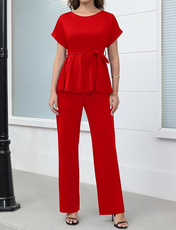 Ekaliy Women's 2-Piece Pants Set Peplum Top High Waisted Flared Pants, 2X (US 20)
