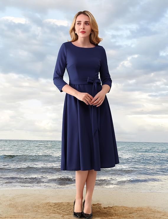 Vintage Inspired A-Line Tea Dress, Navy Blue 2XL