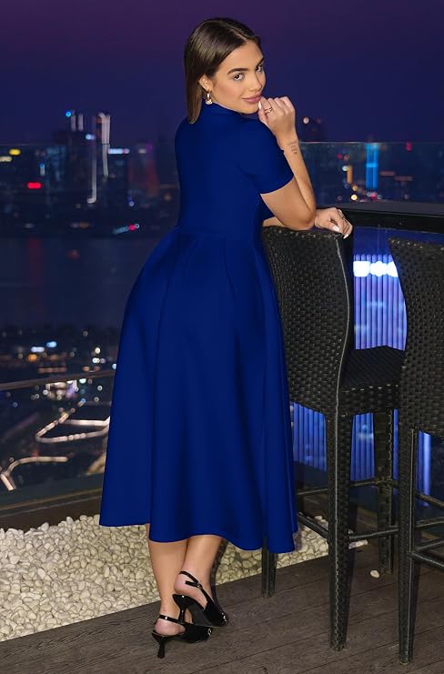 Memoriesea Women's Elegant Casual Short Sleeve Work Party A-Line Dress with Pockets, Royal Blue (Large US 12/14)