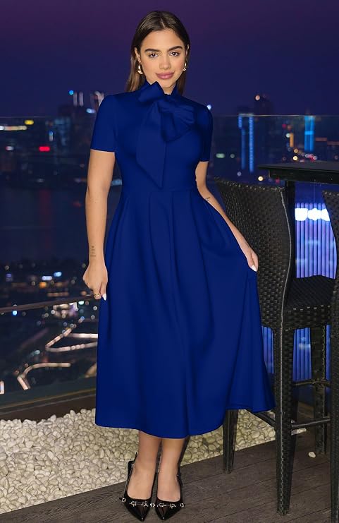 Memoriesea Women's Elegant Casual Short Sleeve Work Party A-Line Dress with Pockets, Royal Blue (Large US 12/14)