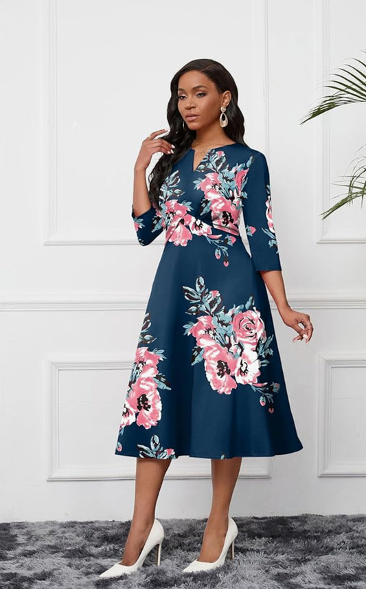 Casual Midi Floral Print Dress, 3XL