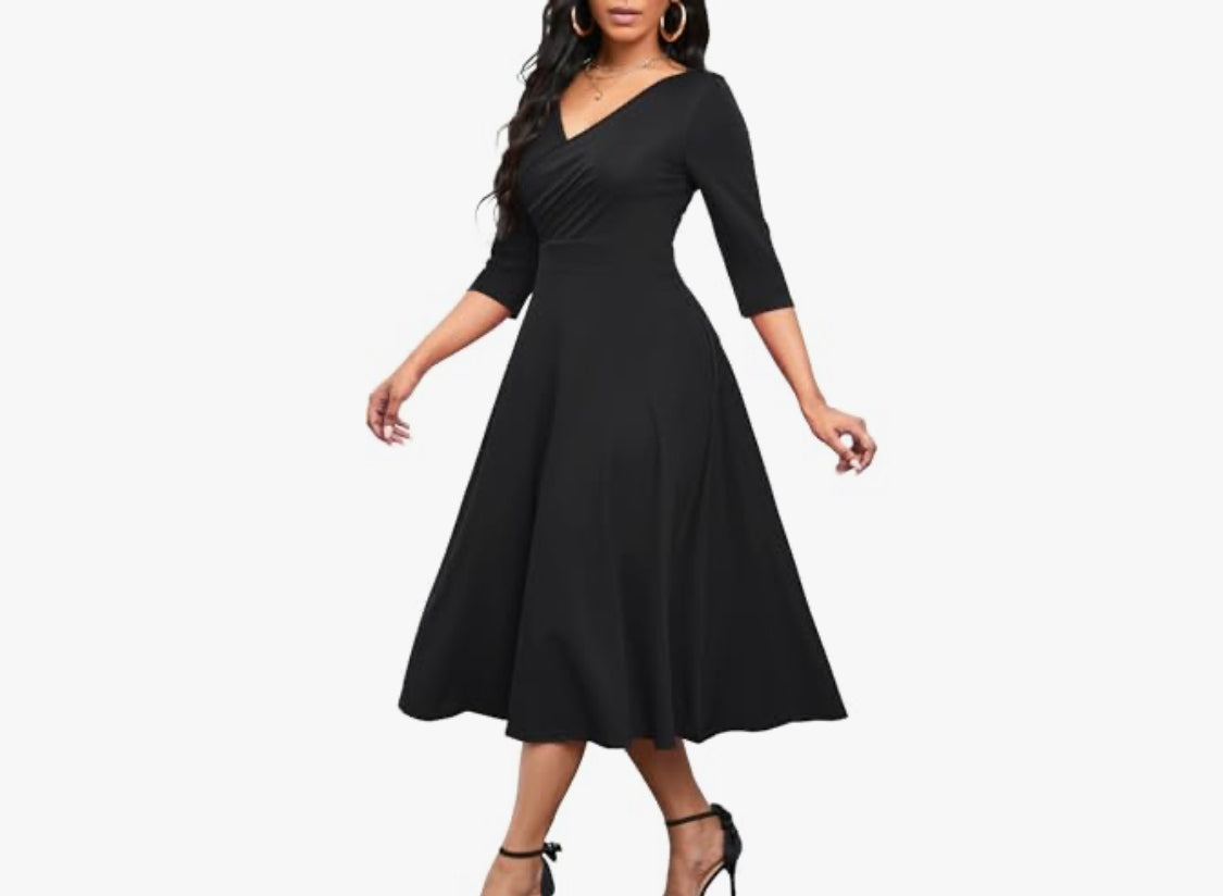 Casual Wrap Flared Dress, Sizes Small - 3XLarge (Black Dress)