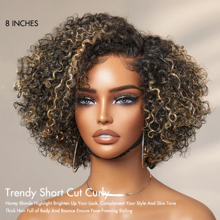 Trendy Short Cut Curly Minimalist HD Lace Glueless Side Part Wig, 8 inch