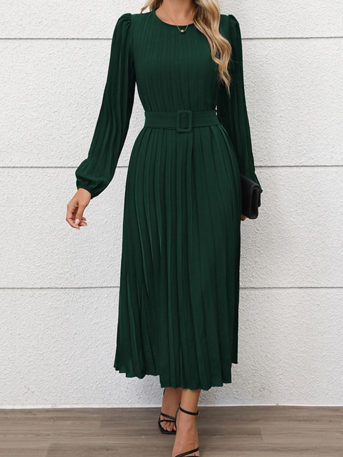 Perfee Pleated Round Neck Long Sleeve Midi Dress