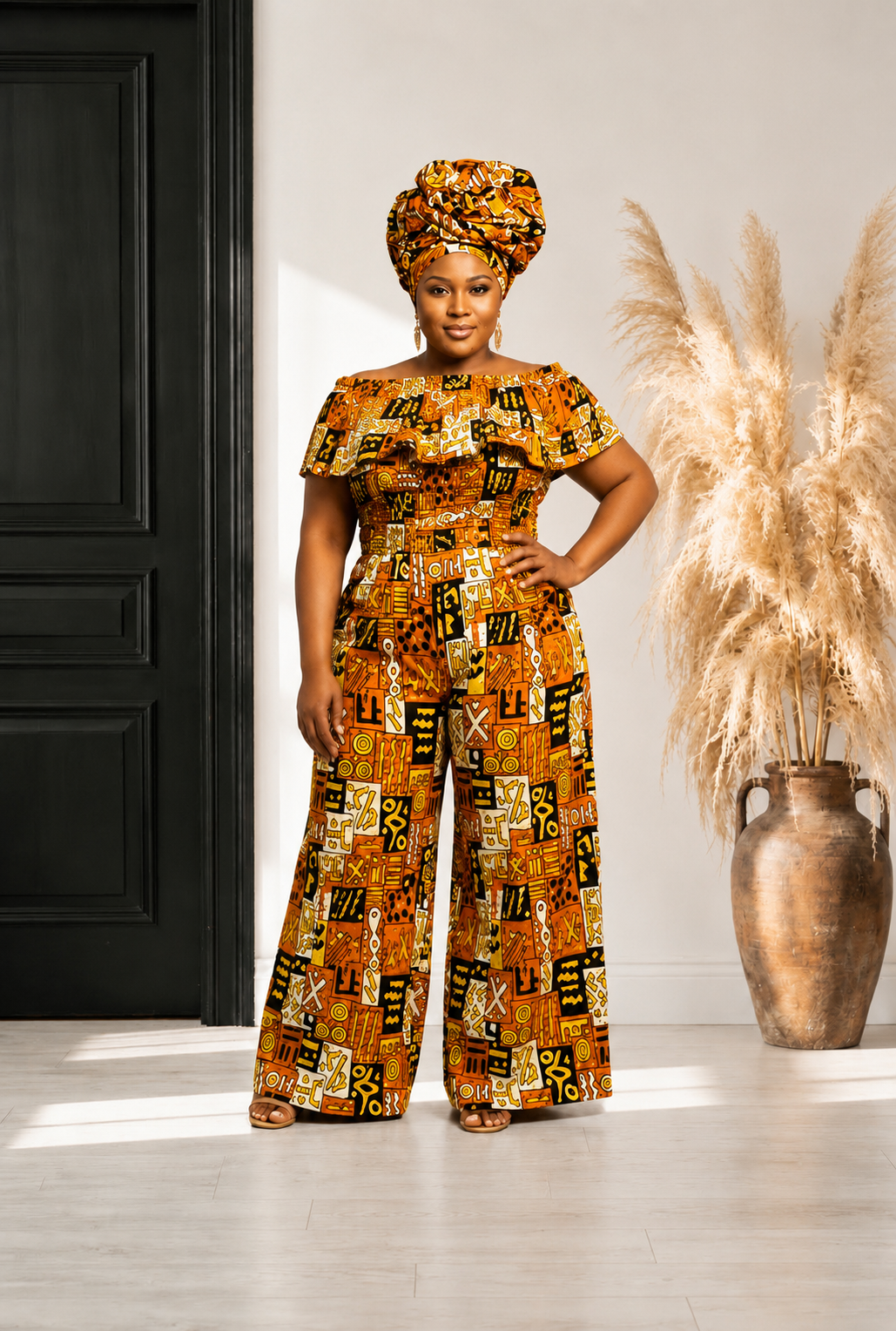 African Print Ruffled Neckline Jumpsuit / Romper (Brown) with Head Wrap