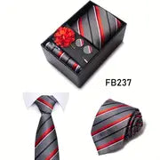 Men’s Silk Coordinated Tie Set w/Box - Red, Black, Gray Striped (FB237)