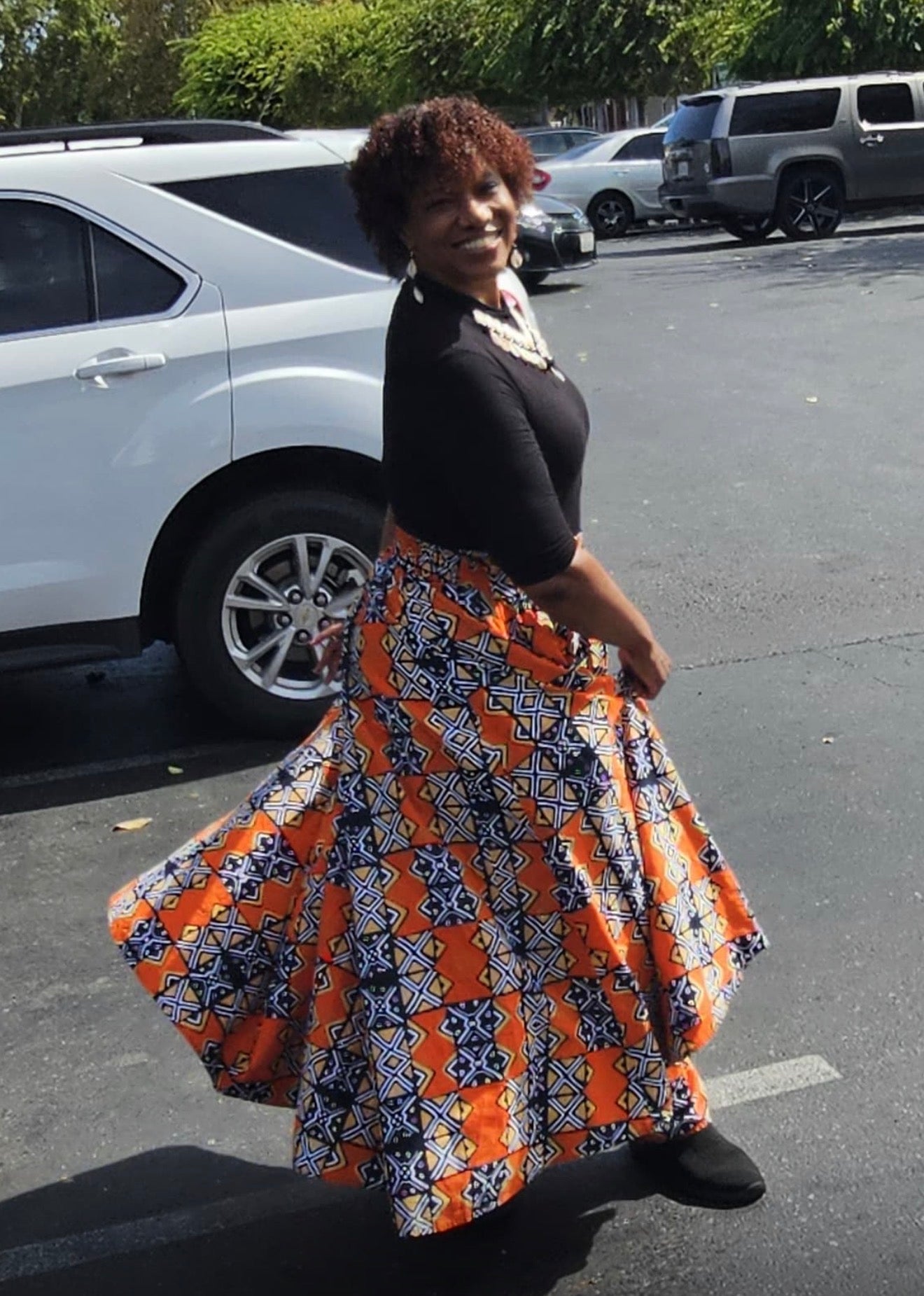 African Print Full Skirt with Coordinating Head Wrap  (Orange Black Squared)