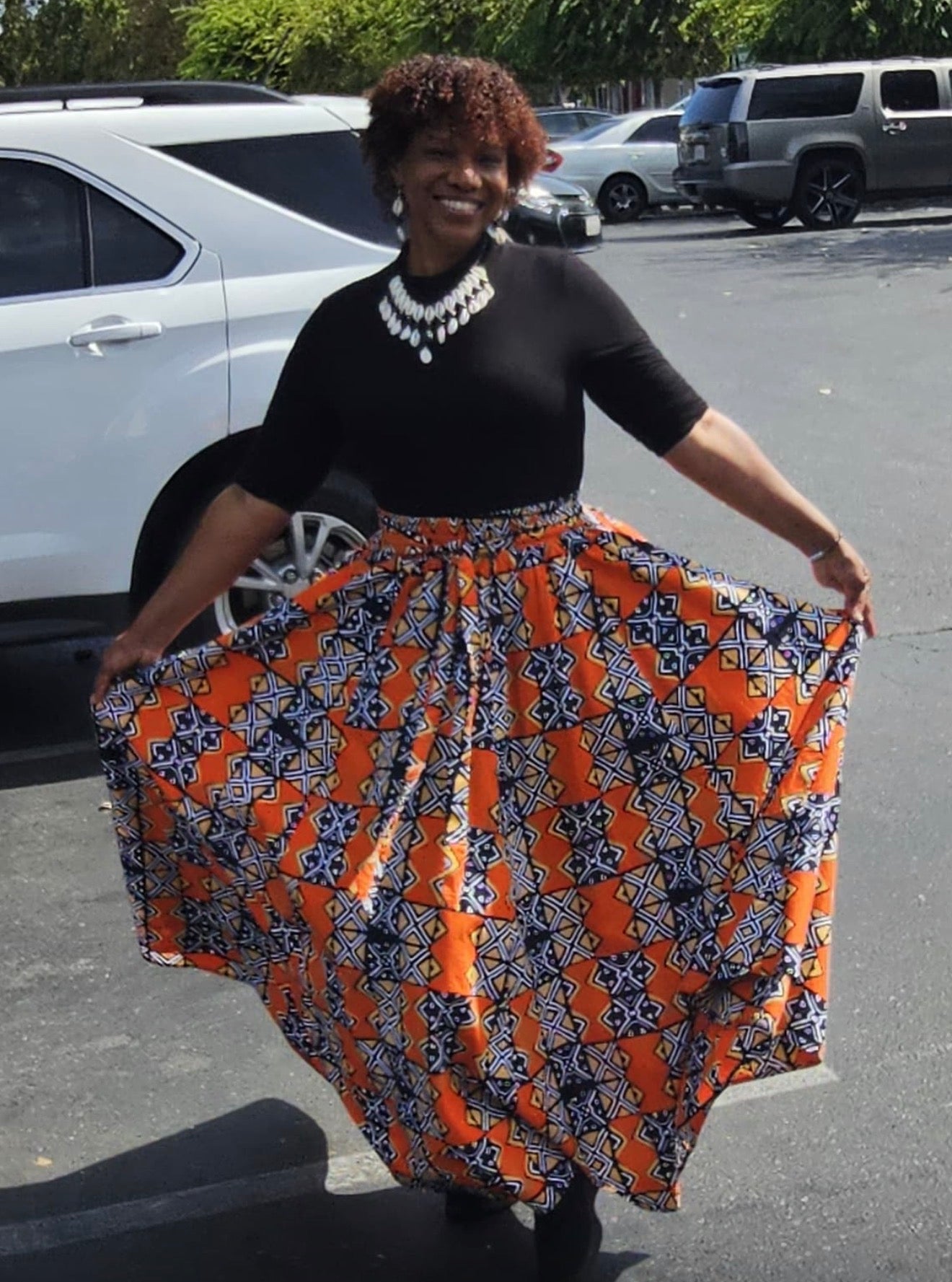 African Print Full Skirt with Coordinating Head Wrap  (Orange Black Squared)
