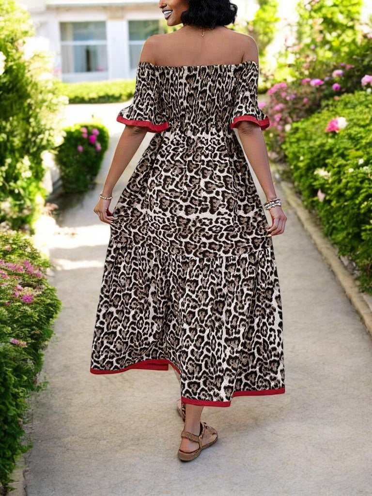 Perfee Leopard Off-Shoulder Flounce Sleeve Midi Dress